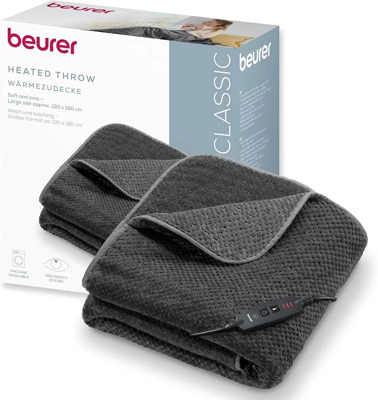 Beurer HD 65 termocoperta, coperta termica accogliente in materiale morbido con 3 livelli di temperatura, con spegnimento automatico e sistema di sicurezza, lavabile, made in Europe, colore grigio — Riscaldamento