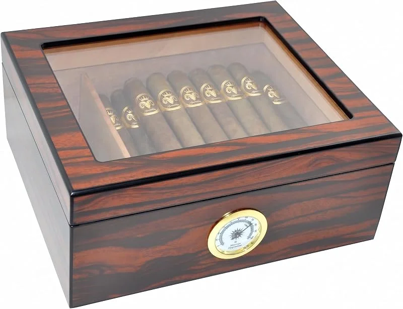 Sigari Humidor Custodia Contiene 25-50 Sigari, Superiore in Vetro Temperato, Scatola Portaoggetti Artigianale in Legno di Cedro Spagnolo con Divisorio, Umidificatore e Igrometro, Marrone Macassar