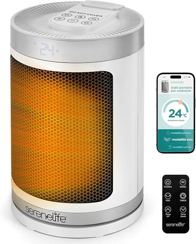 SereneLife Termoventilatore e Stufetta Elettrica da Bagno, 1500 Watt PTC Ceramico Wi-Fi Telecomando Timer, 12 h 15 x 15 x 24 cm per Casa Cameretta e Ufficio, Bianco SLSPCHTRW3WH — Riscaldamento