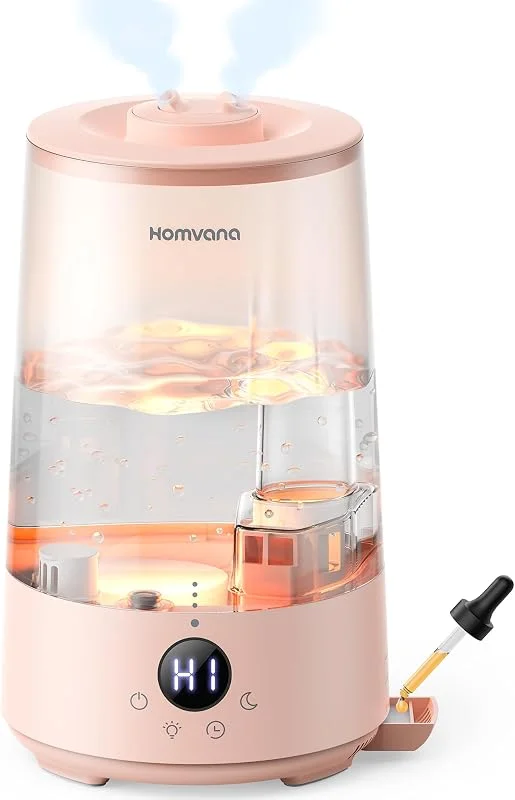 Homvana Umidificatore per camera da letto, 3, 6 l, 360° Cool Mist 34H, durevole, silenzioso, 23 dB (SilentSpary Tech), piccolo, cameretta dei bambini, senza BPA, diffusore di aromi per piante, luce