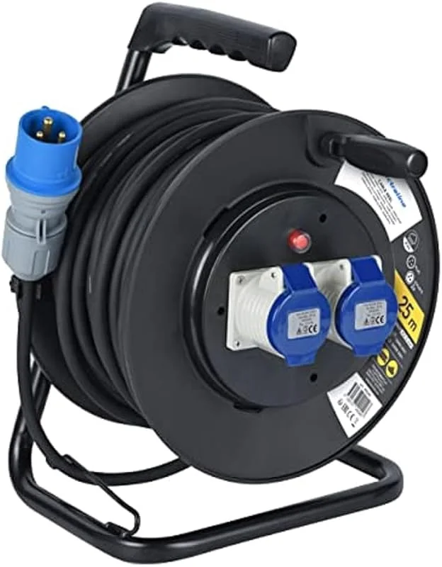 Electraline 49049 Prolunga in Gomma con Avvolgicavo 25 m, 2 Prese Industriali IEC, Spina a 3 Poli CEE Adatto per Camper, Campeggio, Caravan, Barca, Can, Nero, Blu — Riscaldamento