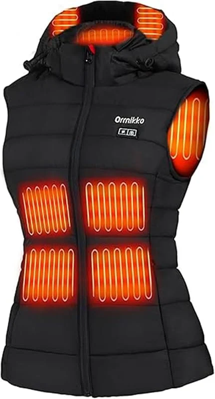 Gilet riscaldato da donna, cappuccio riscaldato staccabile con batteria da 7, 4 V 16000 mAh, ricarica rapida, gilet riscaldato da donna, Nero, L — Abbigliamento riscaldato