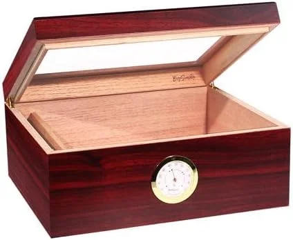 BigSmoke Umidificatore per sigari con coperchio in vetro e impiallacciatura in legno di cedro, umidificatore, igrometro e partizione – Bella scatola per sigari per principianti e amanti dei sigari