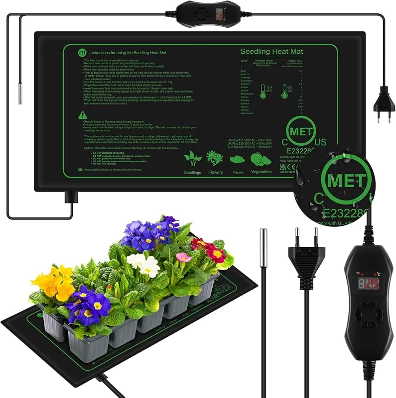 AOOWU Tappetino Riscaldante per Piante 52.5X25cm, Tappetino Termico e Set Termostato per Piantine, Tappeto Riscaldante Impermeabile e Durevole 20 a 45°C, Ideale per Piantare Interni, Germinazione, 50W — Riscaldamento