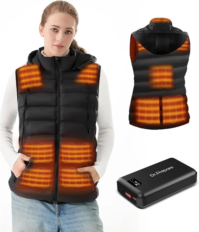 DR.PREPARE Gilet riscaldato da donna con batteria ricaricabile USB-C, gilet riscaldante leggero con cappuccio, giacca riscaldante elettrica per capispalla — Abbigliamento riscaldato