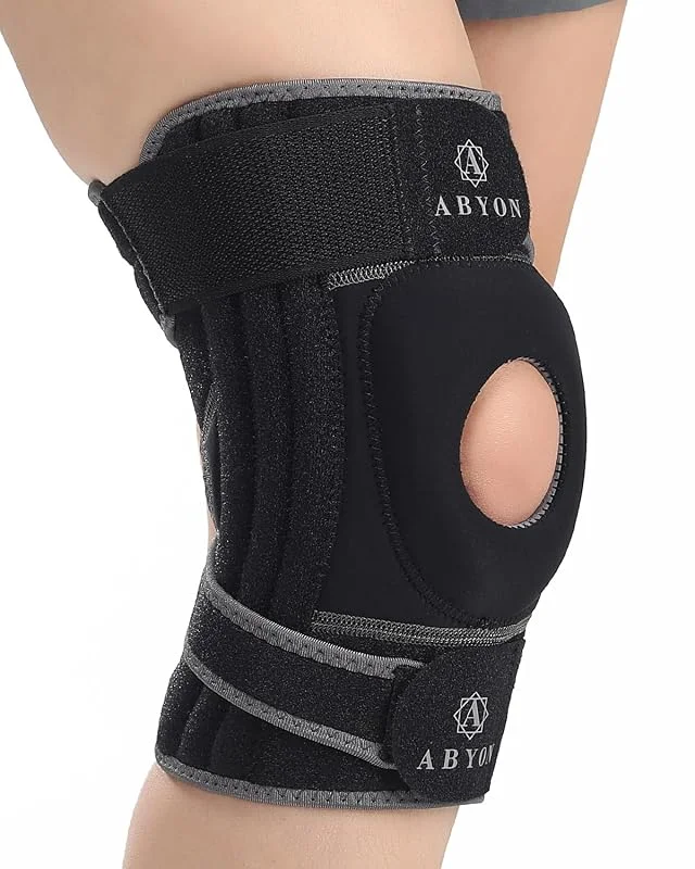 ABYON Elite Ginocchiera Uomo Donna con Sistema a 4 Cinghie Regolabili Antiscivolo e stabilizzatori Laterali, tutore Ginocchio per Dolore, artrite, LCA, menisco, Ginocchio del Corridore, Camminata — Abbigliamento riscaldato