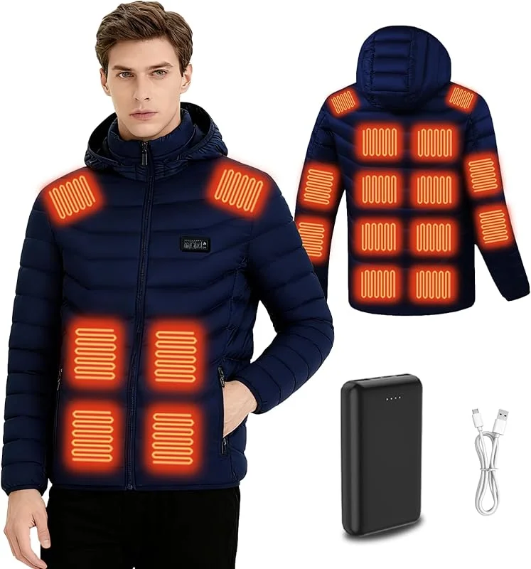 Giacca Riscaldato con Cappuccio, Giacca Invernale Uomo Donna Calda con 3 Livelli di Temperatura, Alimentazione a Batteria, Piumino Riscaldato per Caccia all'aperto in Campeggio — Abbigliamento riscaldato