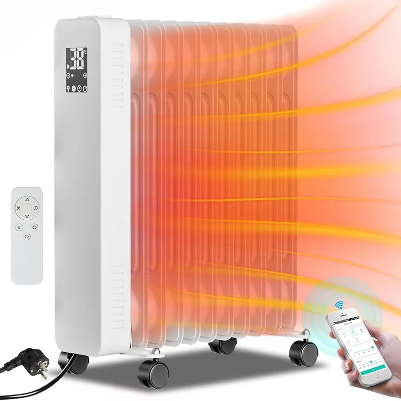 Fiqops Radiatore ad Olio 2500W, Radiatore ad Olio a Risparmio Energetico, con 11 Costole, 3 Livelli di Riscaldamento, Termostato, App WiFi & Telecomando, Display Digitale, Bianco